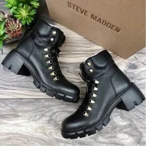 Steve Madden Hint Chunky Lug Sole Black Leather Hiker Combat Boot